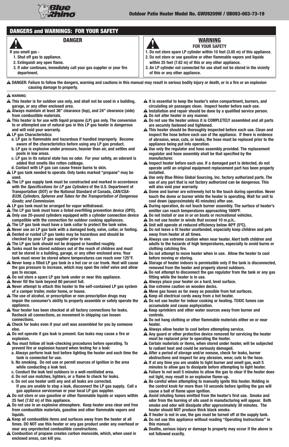 Danger, Dangers and warnings: for your safety, Warning | Blue Rhino GWU9209W User Manual | Page 2 / 20