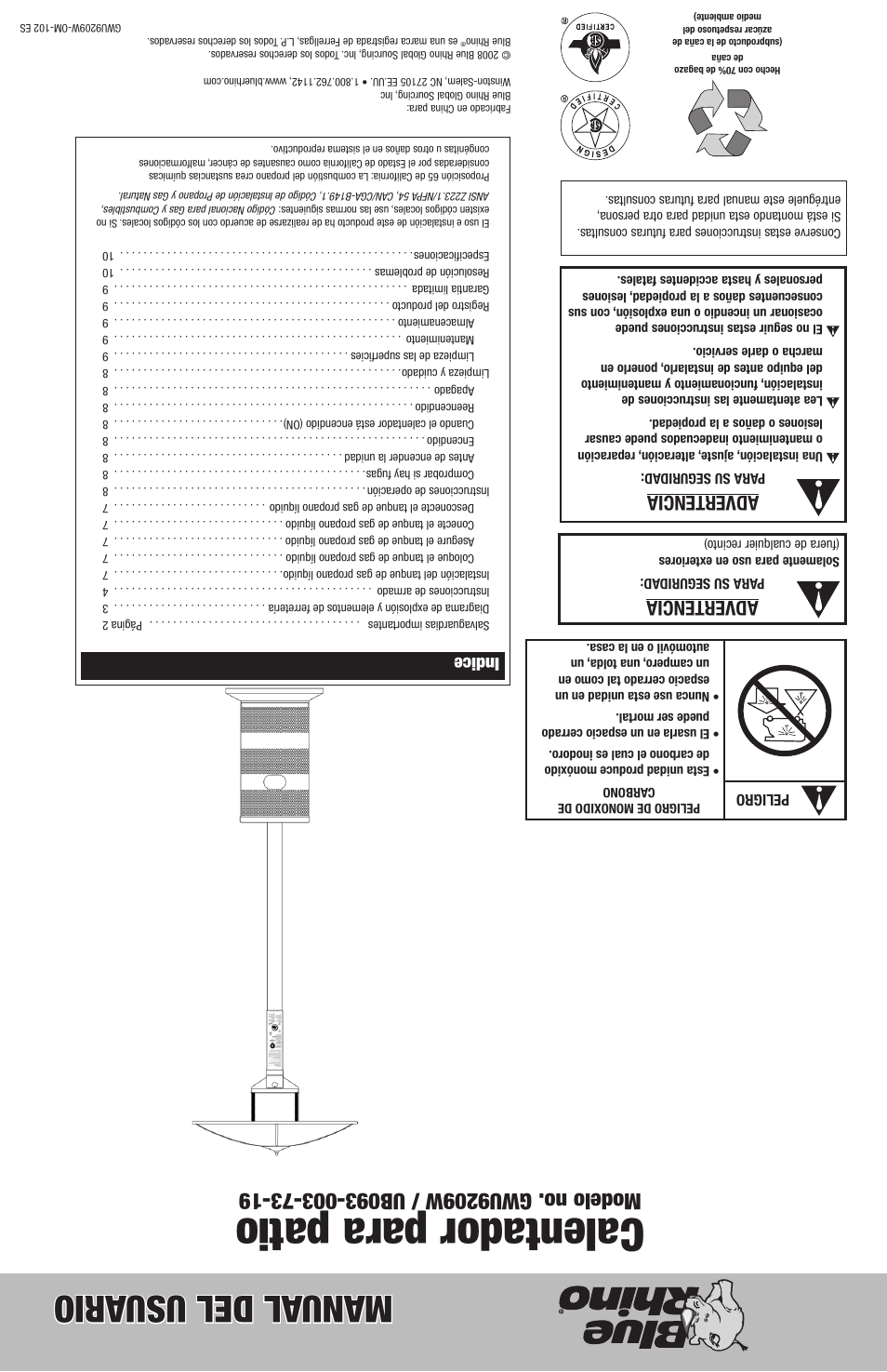 Calentador para patio, Manual del usu ario, Advertencia | Indice | Blue Rhino GWU9209W User Manual | Page 20 / 20