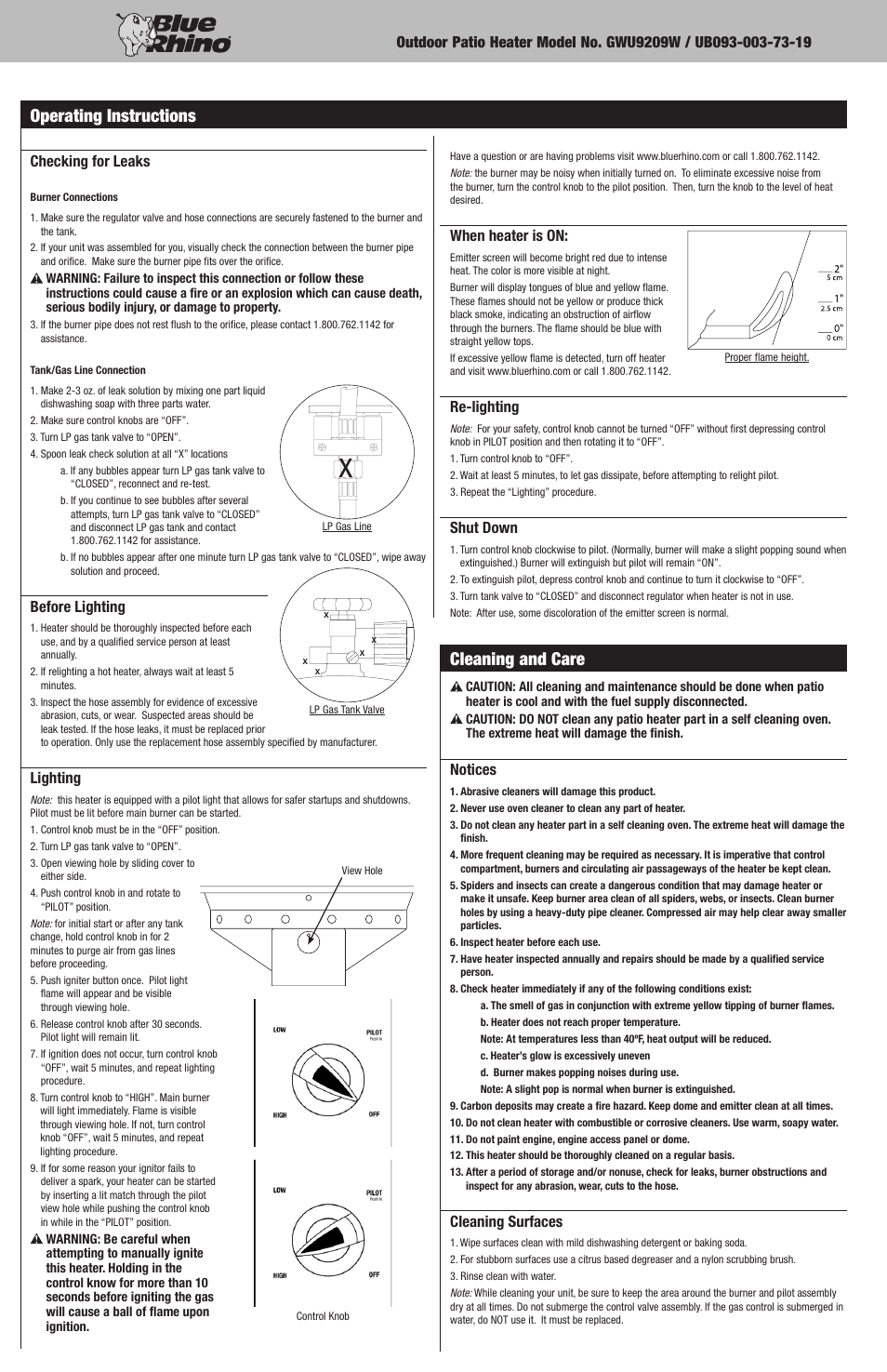 Cleaning and care, Operating instructions | Blue Rhino GWU9209W User Manual | Page 8 / 20