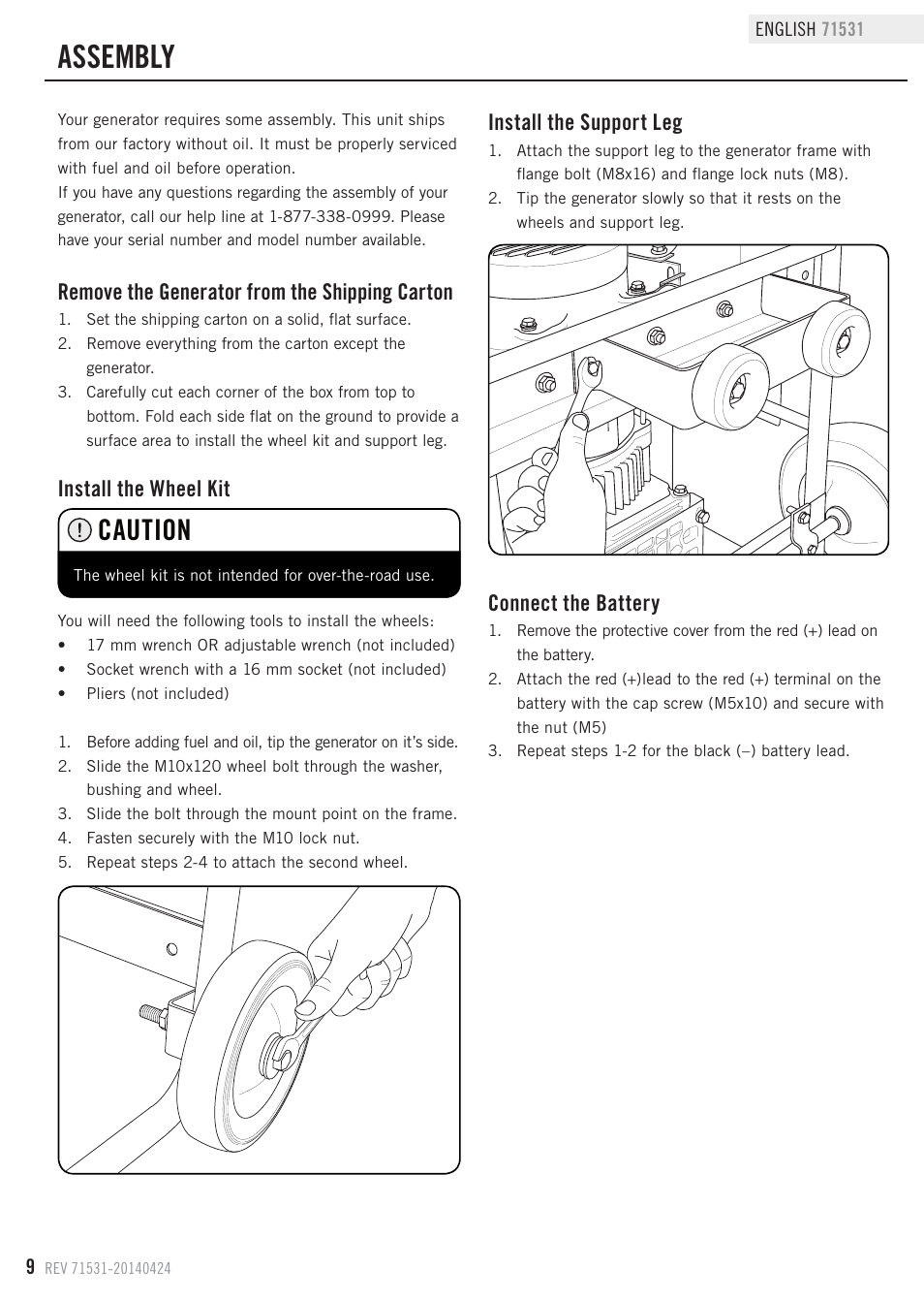 Assembly, Caution, Remove the generator from the shipping carton | Install the wheel kit, Install the support leg, Connect the battery | Champion Power Equipment 71531 User Manual | Page 12 / 33