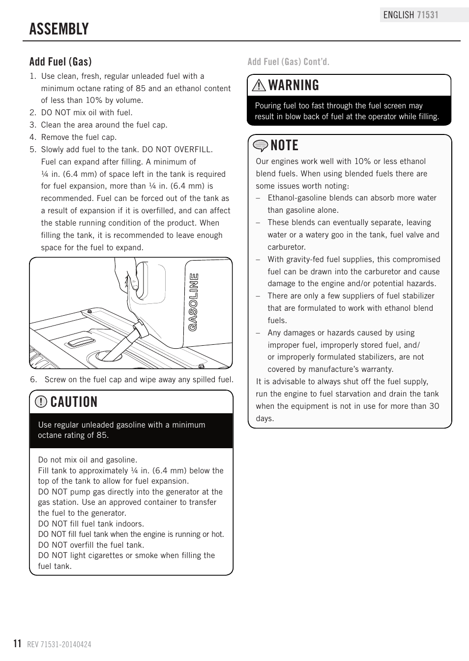 Assembly, Caution, Warning | Add fuel (gas) | Champion Power Equipment 71531 User Manual | Page 14 / 33