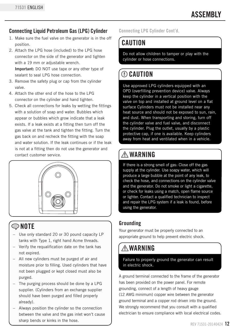 Assembly, Caution, Warning | Grounding, Connecting liquid petroleum gas (lpg) cylinder | Champion Power Equipment 71531 User Manual | Page 15 / 33