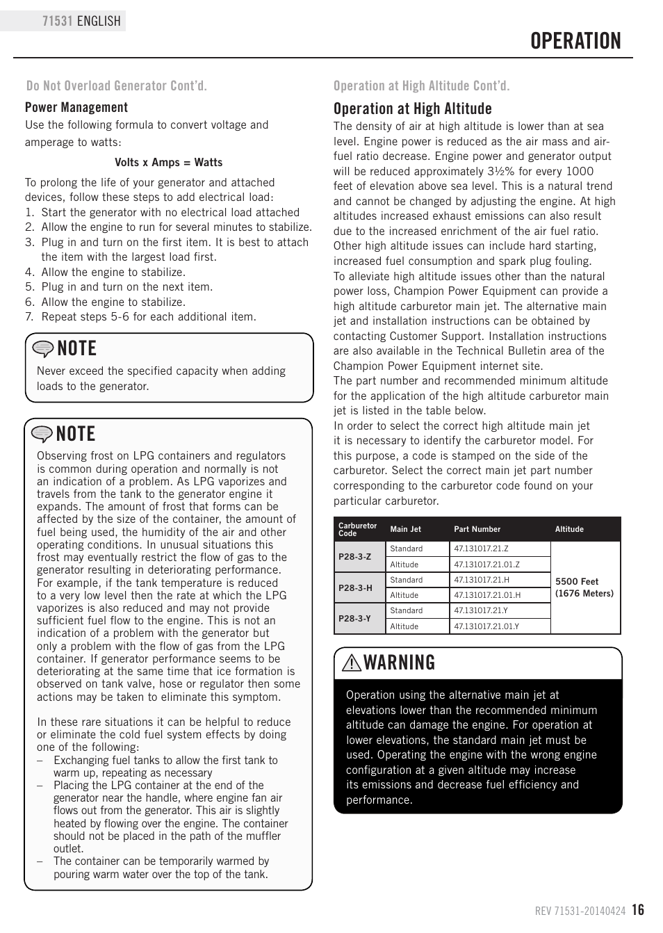 Operation, Warning, Operation at high altitude | Champion Power Equipment 71531 User Manual | Page 19 / 33