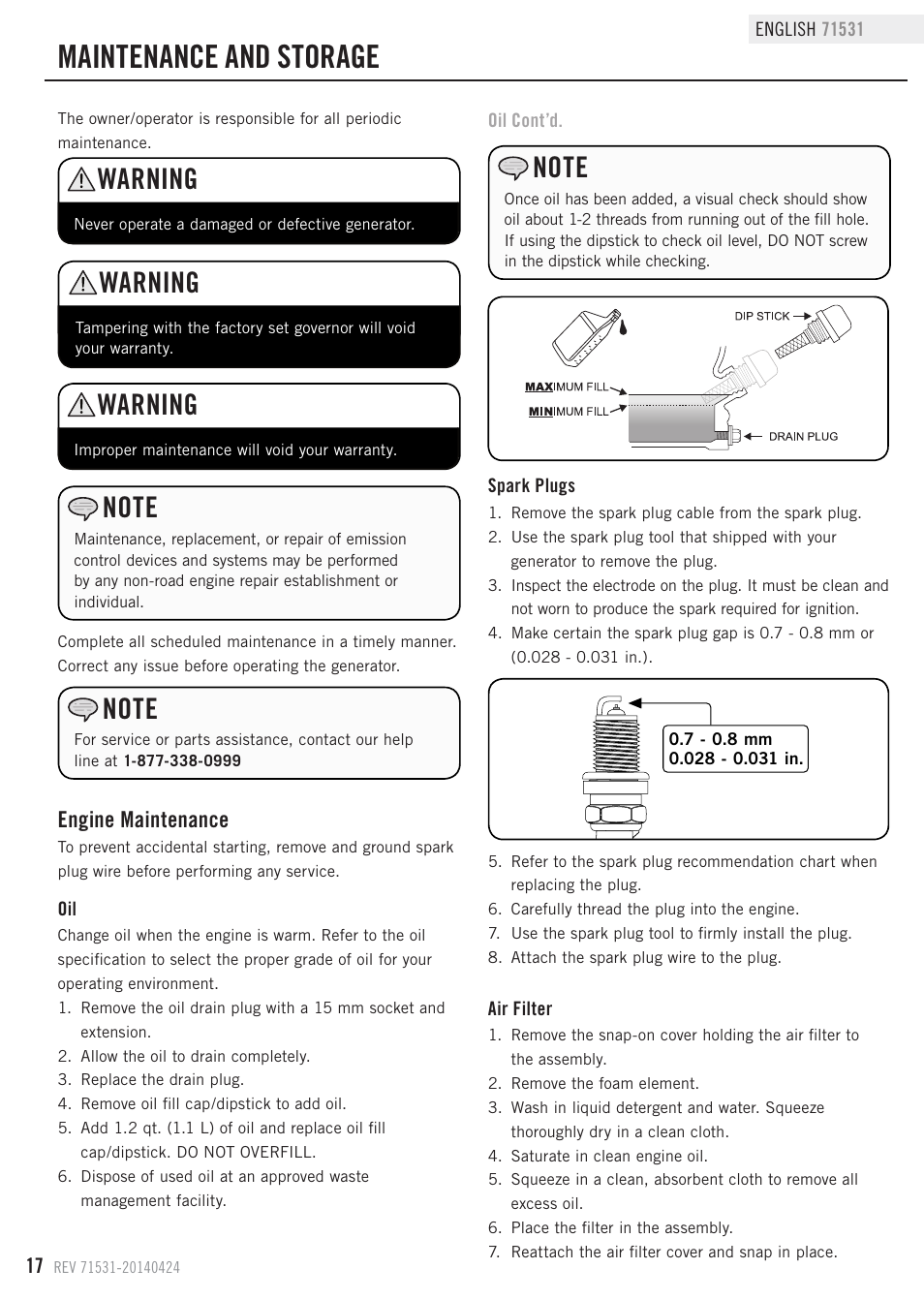 Maintenance and storage, Warning, Engine maintenance | Champion Power Equipment 71531 User Manual | Page 20 / 33