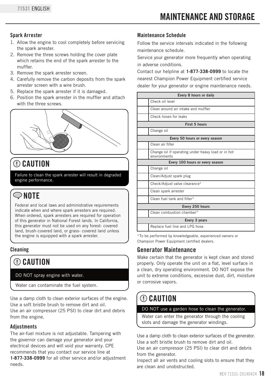 Maintenance and storage, Caution, Generator maintenance | Champion Power Equipment 71531 User Manual | Page 21 / 33