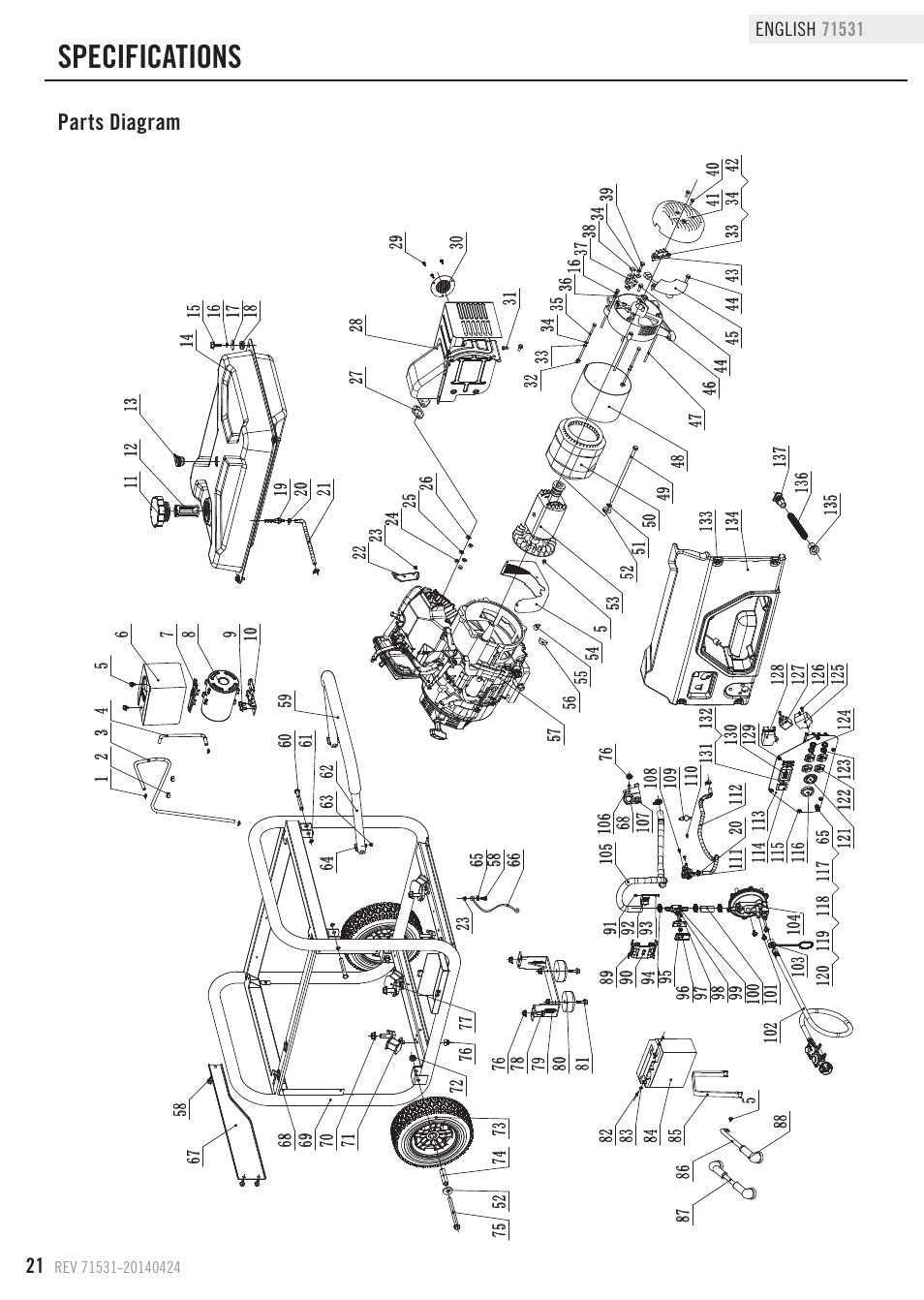 Specifications, Parts diagram | Champion Power Equipment 71531 User Manual | Page 24 / 33