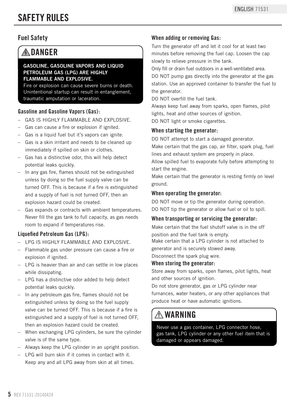 Safety rules, Danger, Warning | Fuel safety | Champion Power Equipment 71531 User Manual | Page 8 / 33