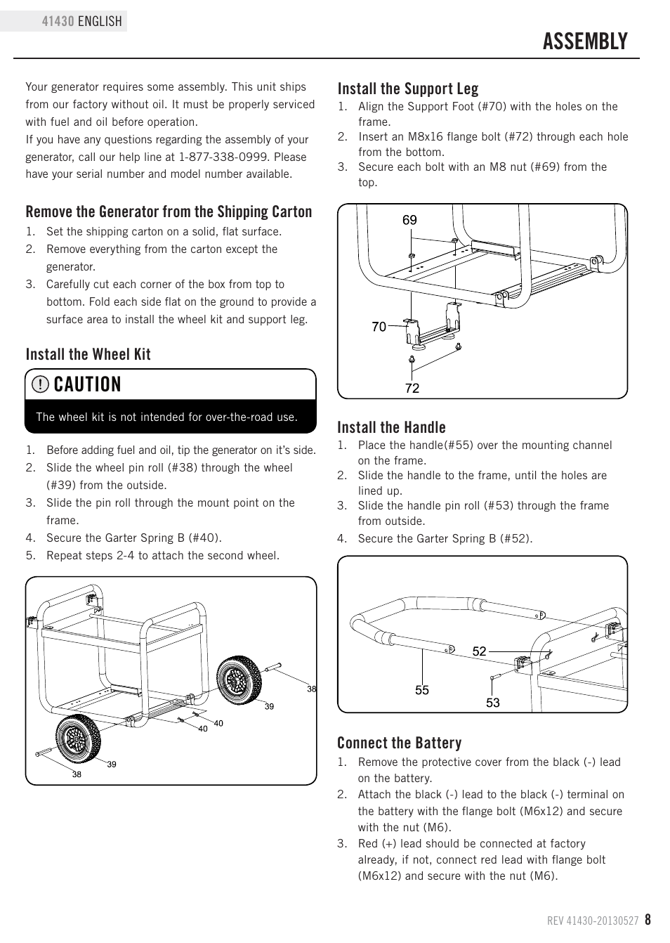 Assembly, Caution, Remove the generator from the shipping carton | Install the wheel kit, Install the support leg, Install the handle, Connect the battery | Champion Power Equipment 41430 User Manual | Page 11 / 30