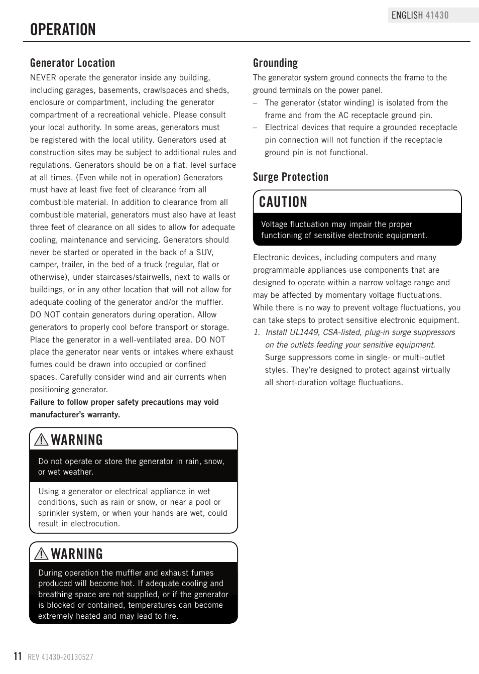 Operation, Warning, Caution | Generator location, Surge protection, Grounding | Champion Power Equipment 41430 User Manual | Page 14 / 30