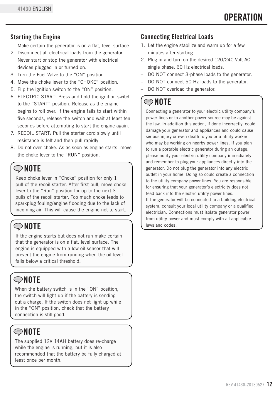 Operation, Connecting electrical loads, Starting the engine | Champion Power Equipment 41430 User Manual | Page 15 / 30