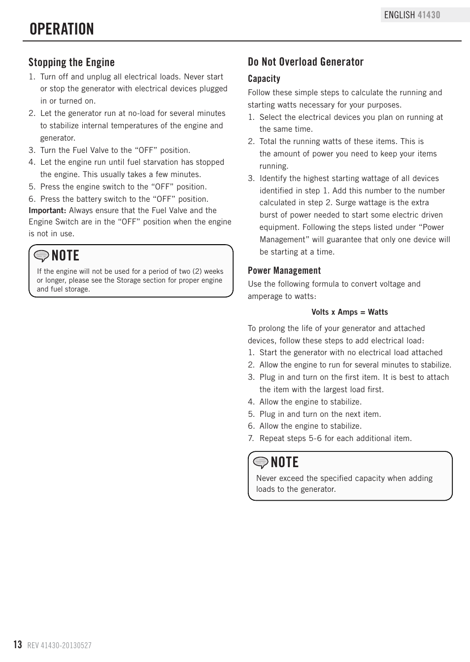 Operation, Do not overload generator, Stopping the engine | Champion Power Equipment 41430 User Manual | Page 16 / 30