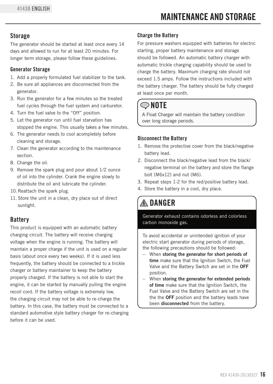 Maintenance and storage, Danger, Storage | Battery | Champion Power Equipment 41430 User Manual | Page 19 / 30