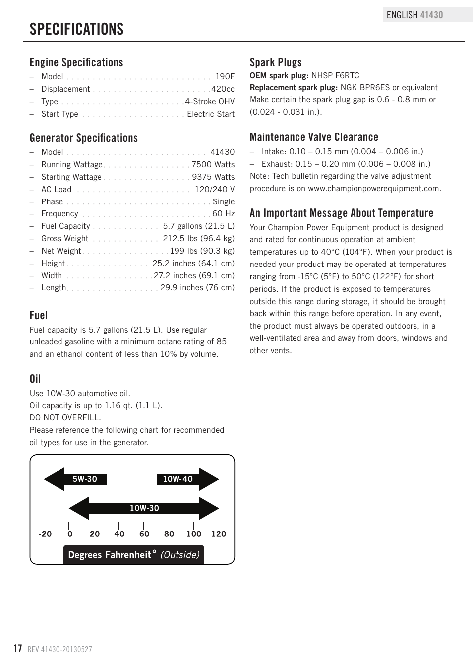 Specifications, Fuel, Generator specifications | Engine specifications, Maintenance valve clearance, Spark plugs, An important message about temperature | Champion Power Equipment 41430 User Manual | Page 20 / 30