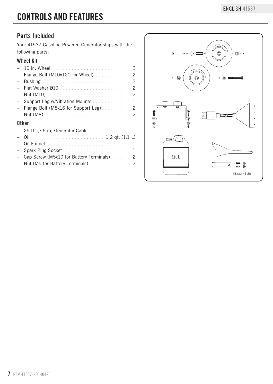 Controls and features, Parts included | Champion Power Equipment 41537 User Manual | Page 10 / 30