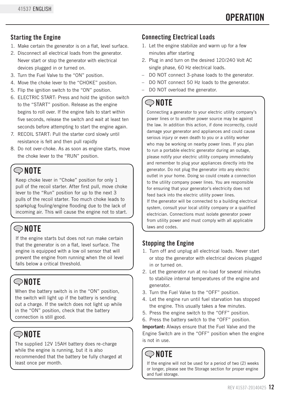 Operation, Connecting electrical loads, Stopping the engine | Starting the engine | Champion Power Equipment 41537 User Manual | Page 15 / 30