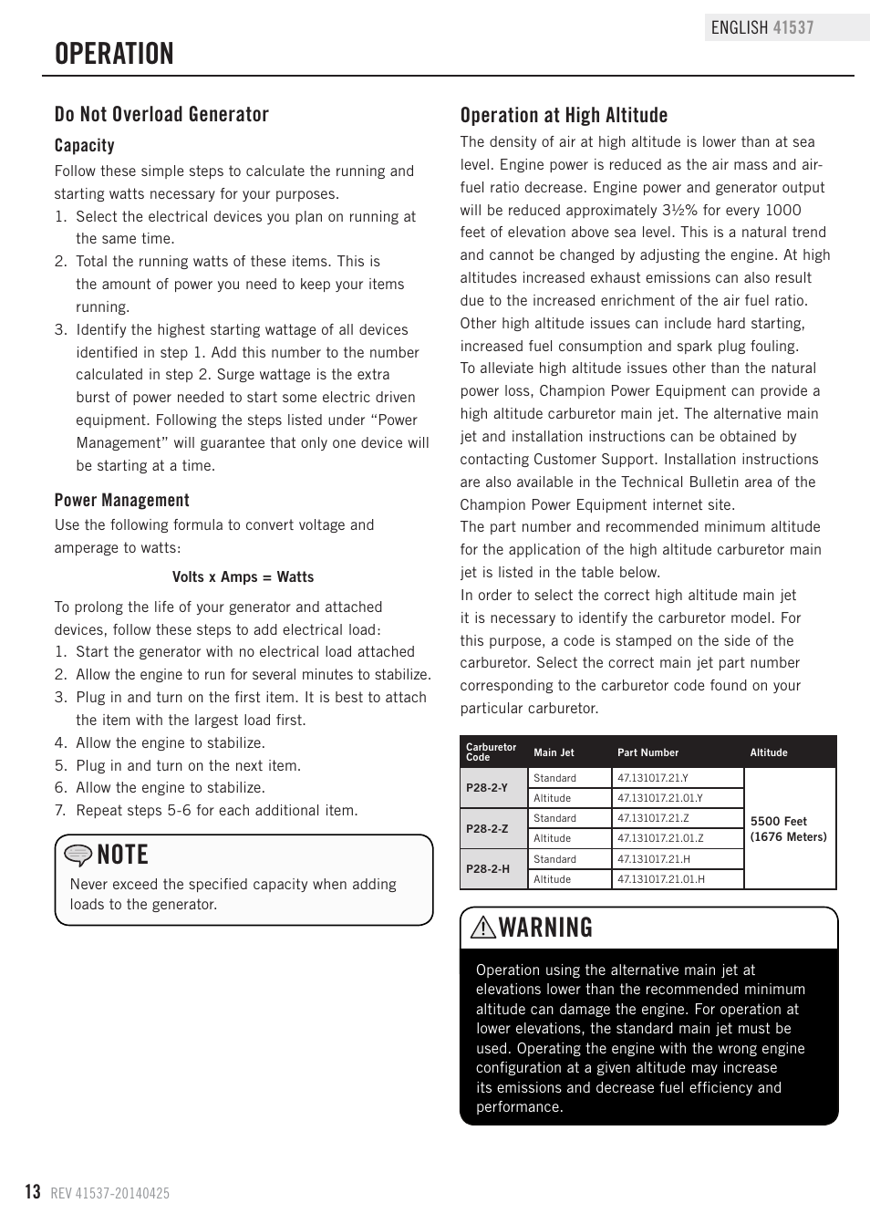 Operation, Warning, Do not overload generator | Operation at high altitude | Champion Power Equipment 41537 User Manual | Page 16 / 30