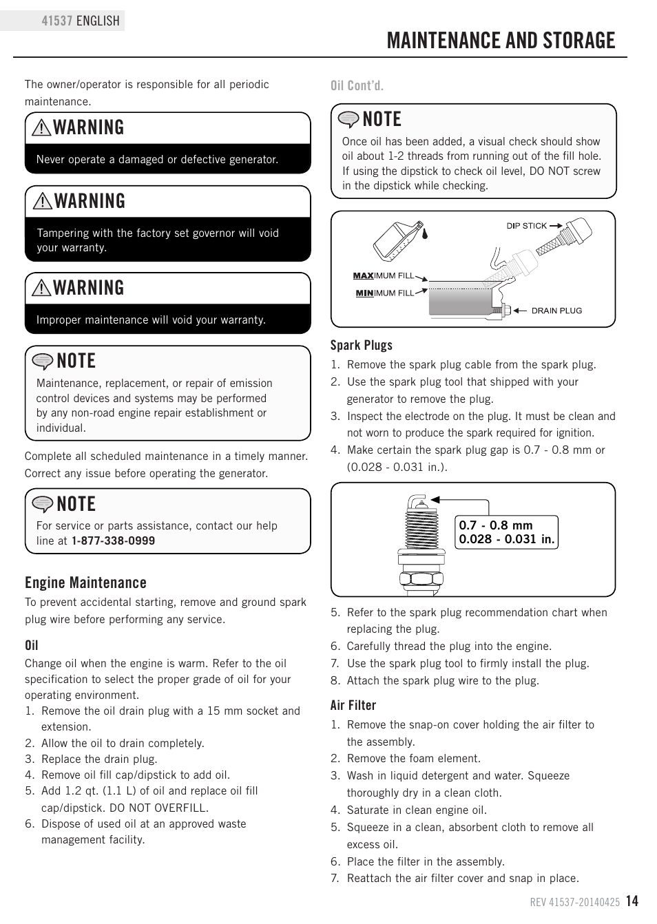 Maintenance and storage, Warning, Engine maintenance | Champion Power Equipment 41537 User Manual | Page 17 / 30