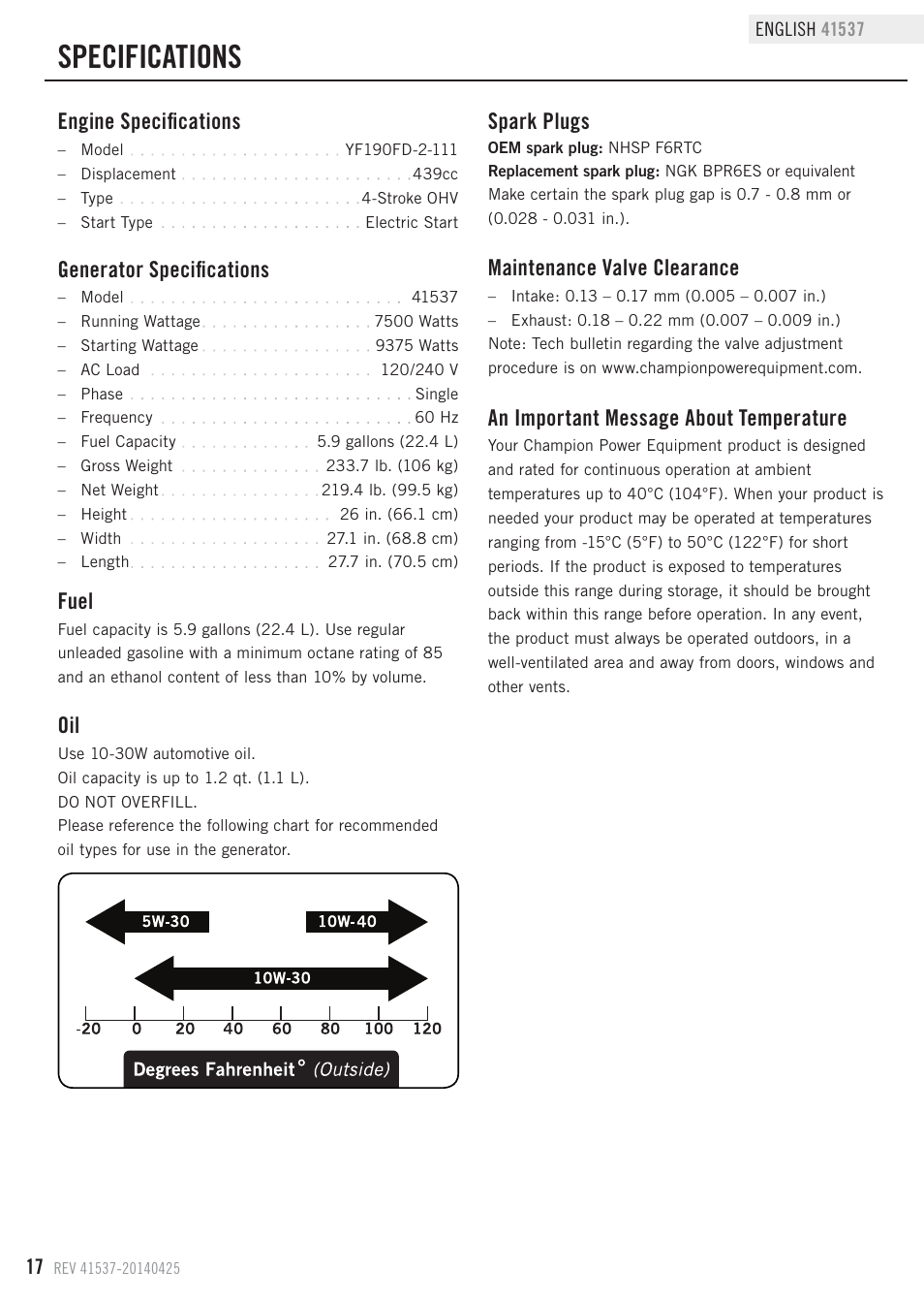 Specifications, Fuel, Generator specifications | Engine specifications, Maintenance valve clearance, Spark plugs, An important message about temperature | Champion Power Equipment 41537 User Manual | Page 20 / 30