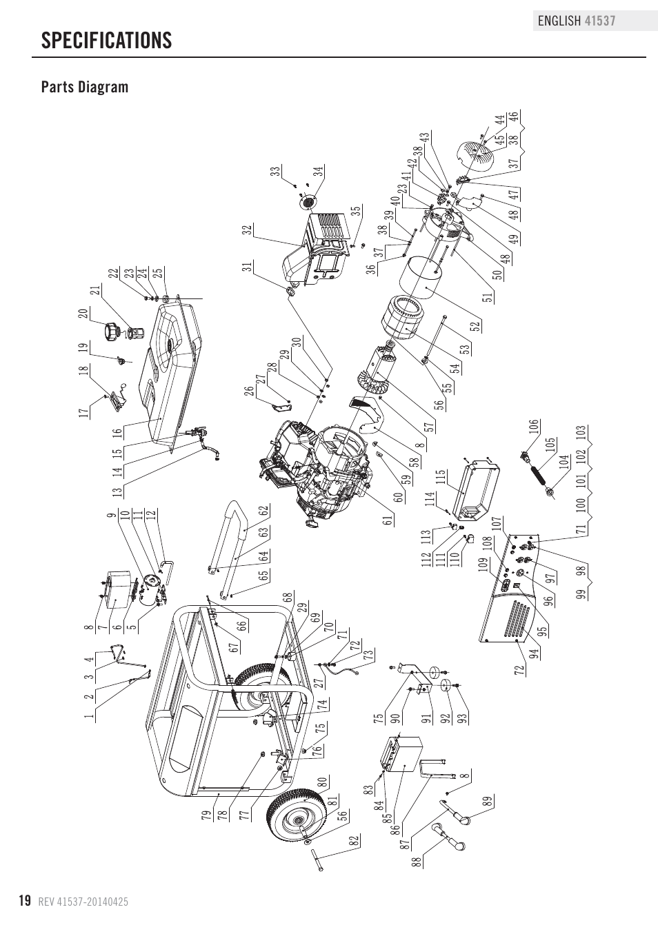 Specifications, Parts diagram | Champion Power Equipment 41537 User Manual | Page 22 / 30