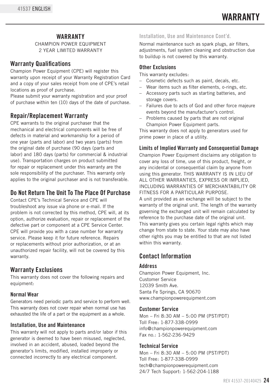 Warranty, Warranty qualifications, Repair/replacement warranty | Do not return the unit to the place of purchase, Warranty exclusions, Contact information | Champion Power Equipment 41537 User Manual | Page 27 / 30