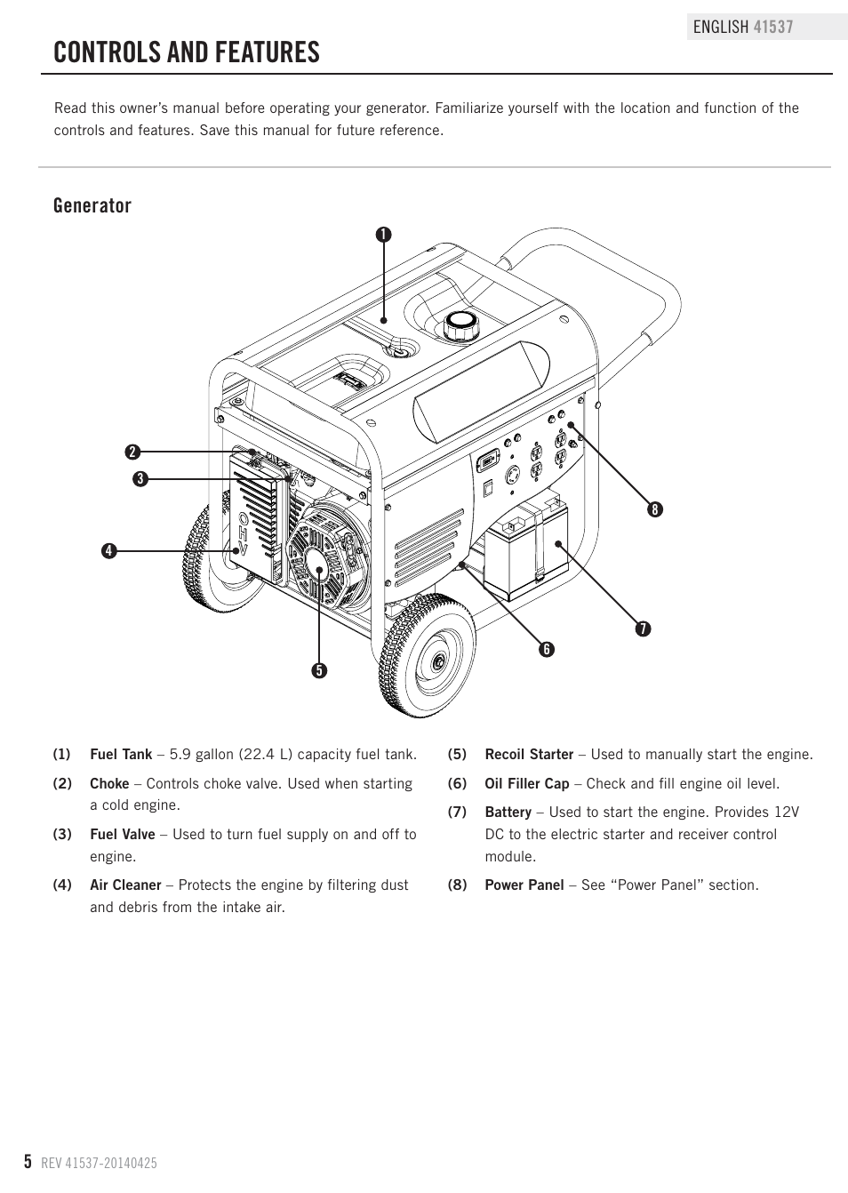 Controls and features, Generator | Champion Power Equipment 41537 User Manual | Page 8 / 30