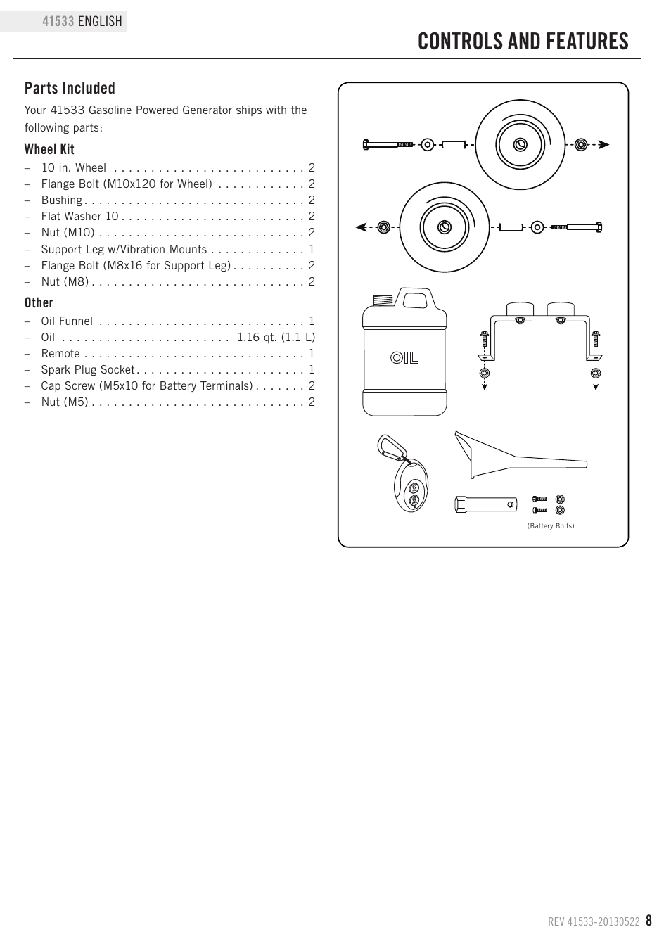 Controls and features, Parts included | Champion Power Equipment 41533 User Manual | Page 11 / 32