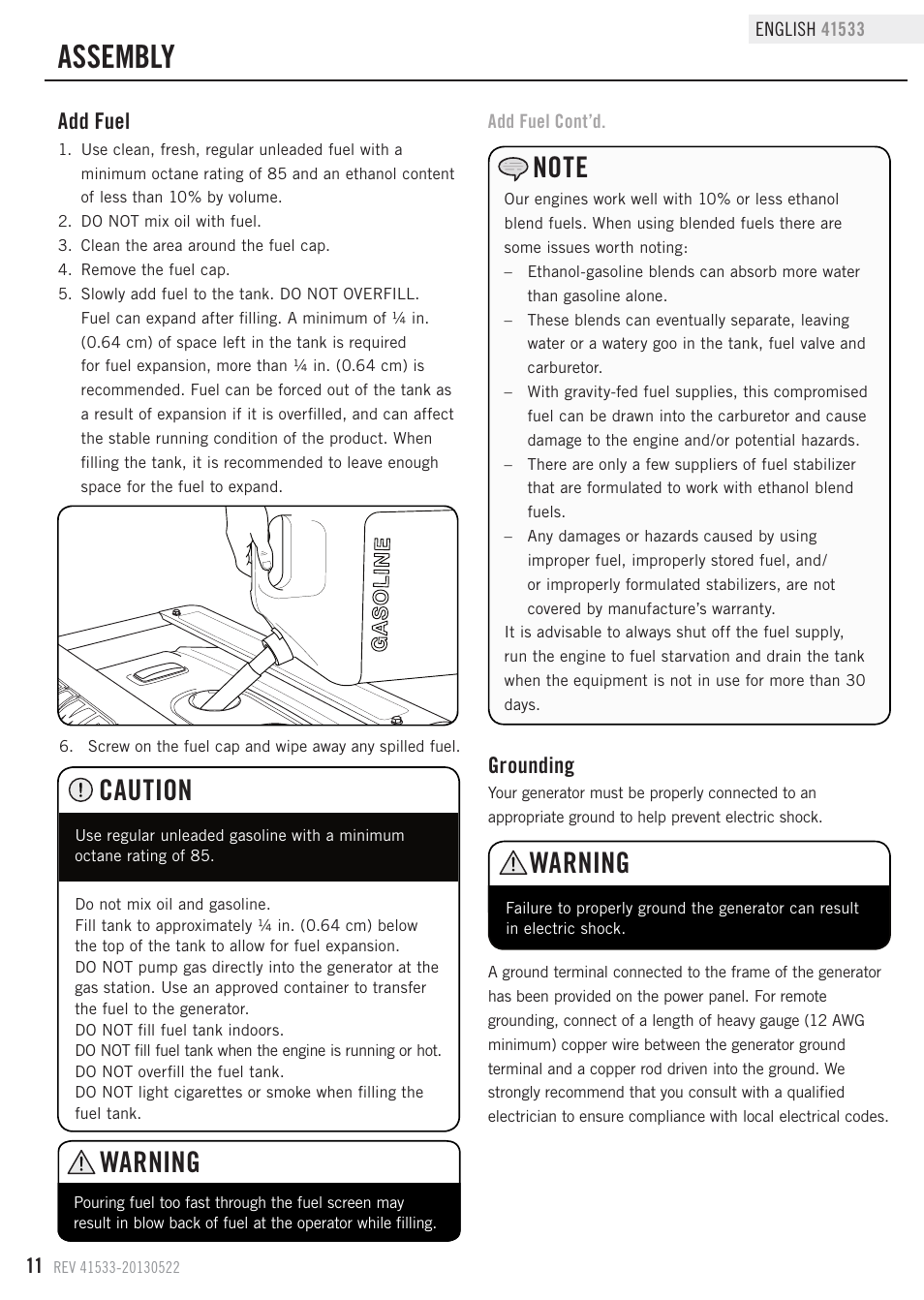 Assembly, Warning, Caution | Grounding, Add fuel | Champion Power Equipment 41533 User Manual | Page 14 / 32