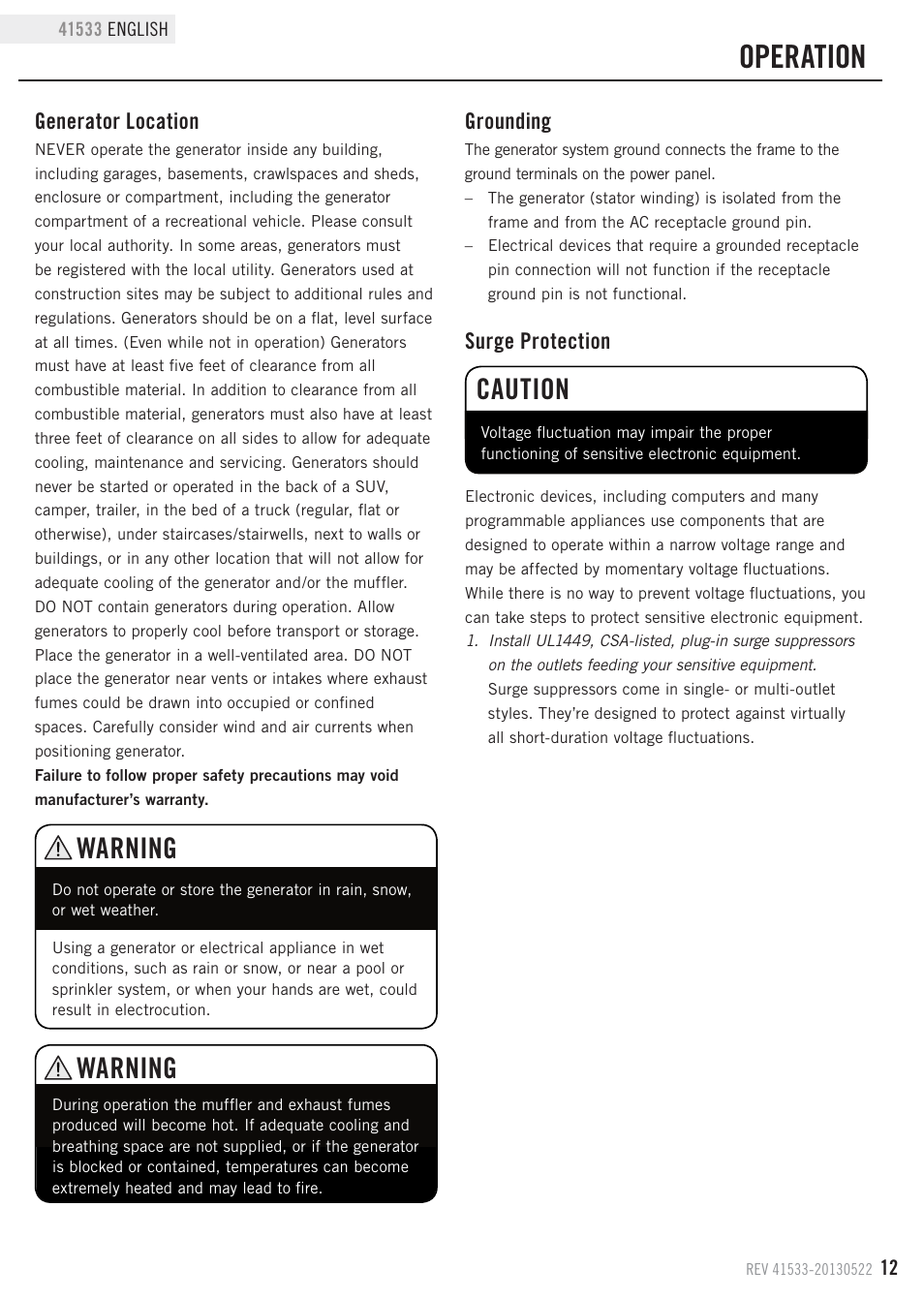 Operation, Warning, Caution | Generator location, Surge protection, Grounding | Champion Power Equipment 41533 User Manual | Page 15 / 32