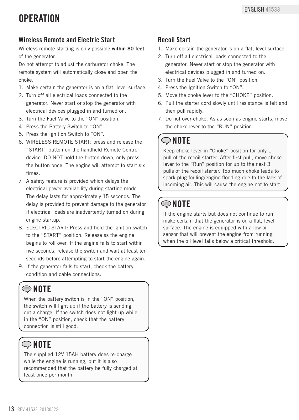 Operation, Recoil start, Wireless remote and electric start | Champion Power Equipment 41533 User Manual | Page 16 / 32