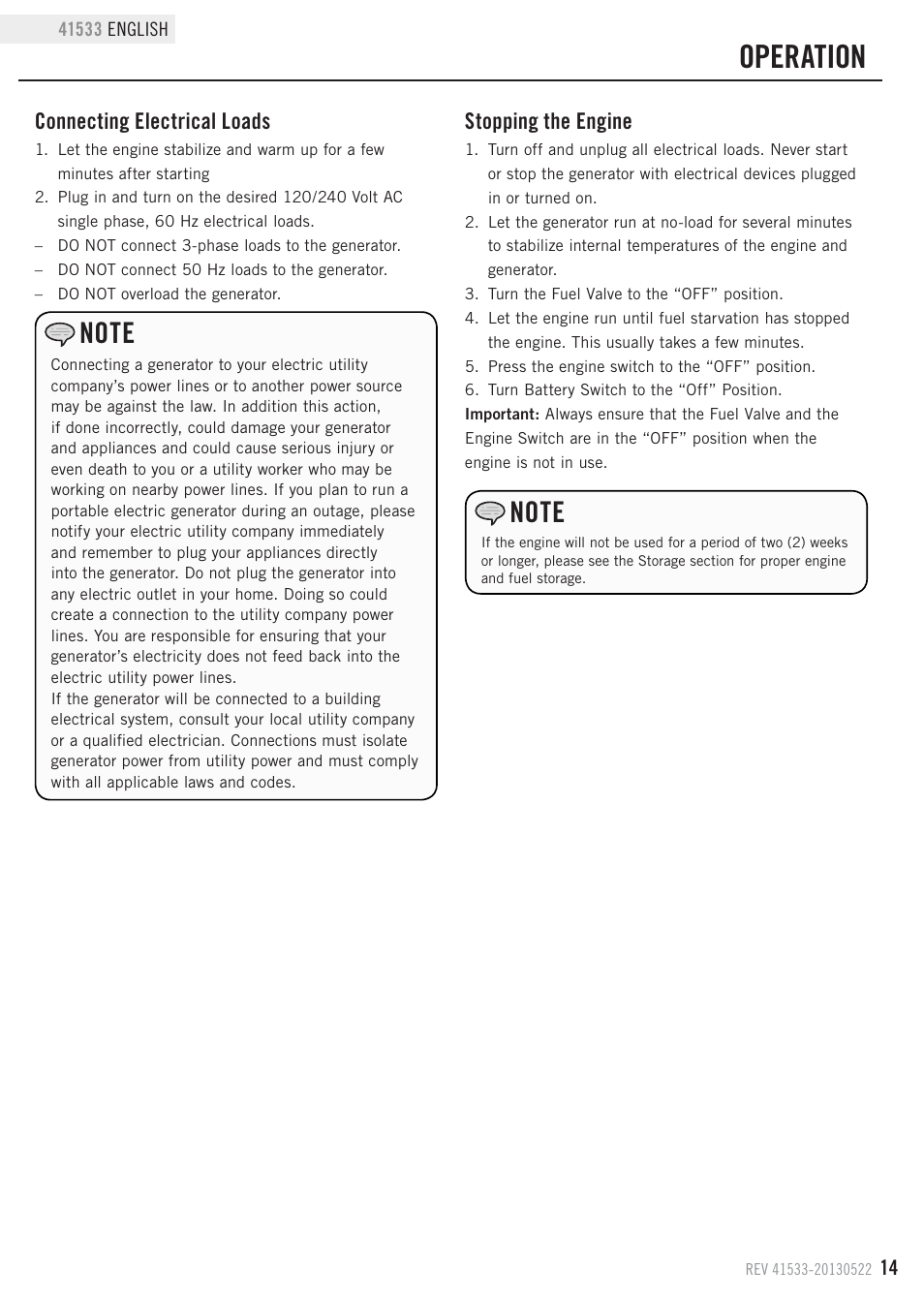 Operation, Connecting electrical loads, Stopping the engine | Champion Power Equipment 41533 User Manual | Page 17 / 32