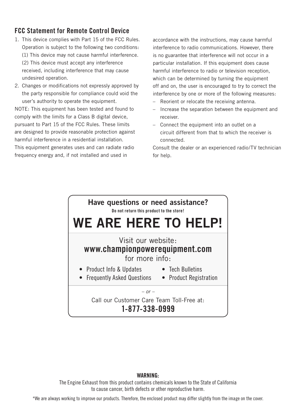 We are here to help, Have questions or need assistance, Visit our website | For more info, Fcc statement for remote control device | Champion Power Equipment 41533 User Manual | Page 2 / 32