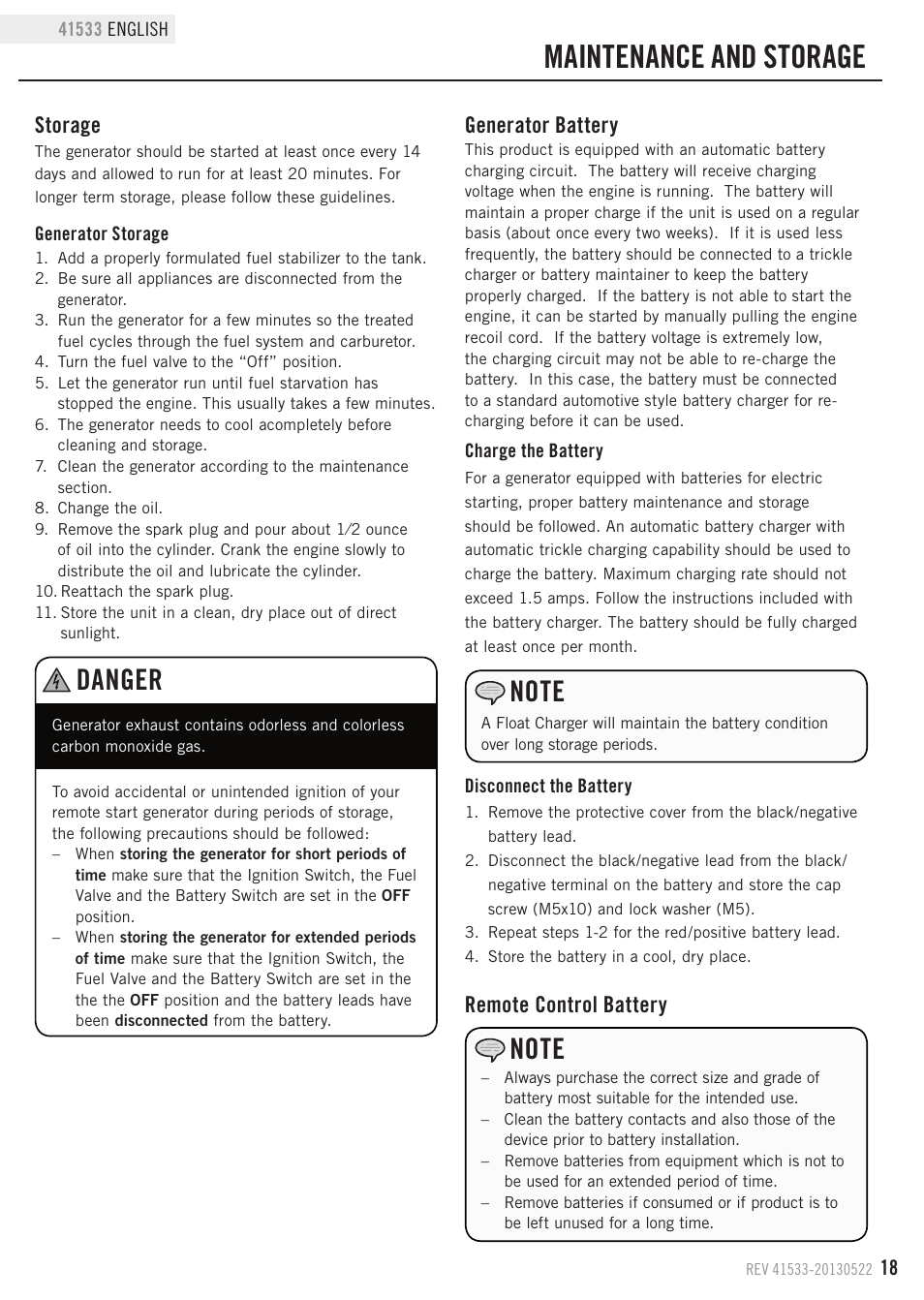 Maintenance and storage, Danger, Storage | Remote control battery generator battery | Champion Power Equipment 41533 User Manual | Page 21 / 32