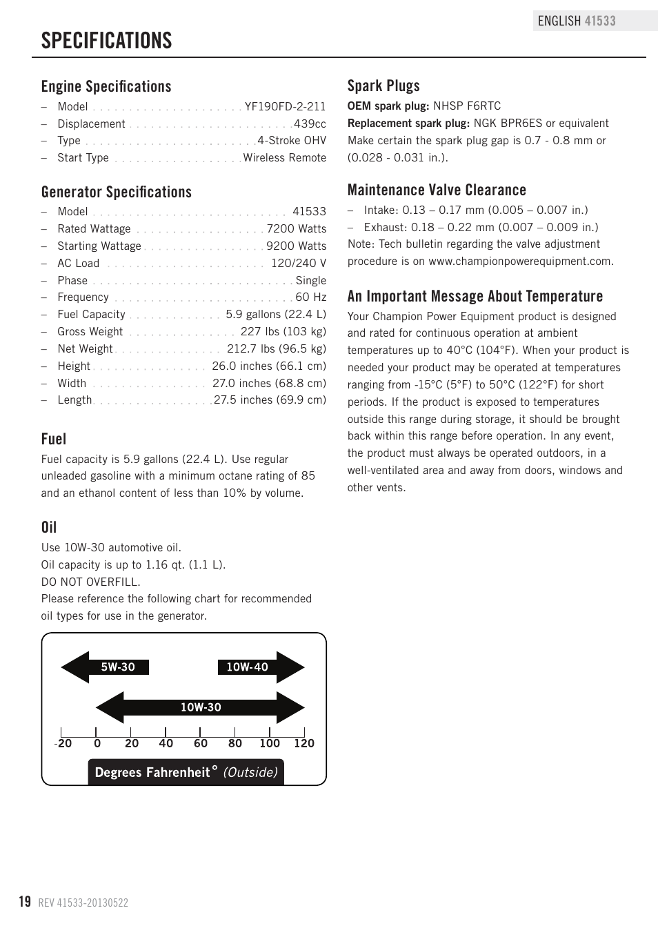 Specifications, Fuel, Generator specifications | Engine specifications, Maintenance valve clearance, Spark plugs, An important message about temperature | Champion Power Equipment 41533 User Manual | Page 22 / 32