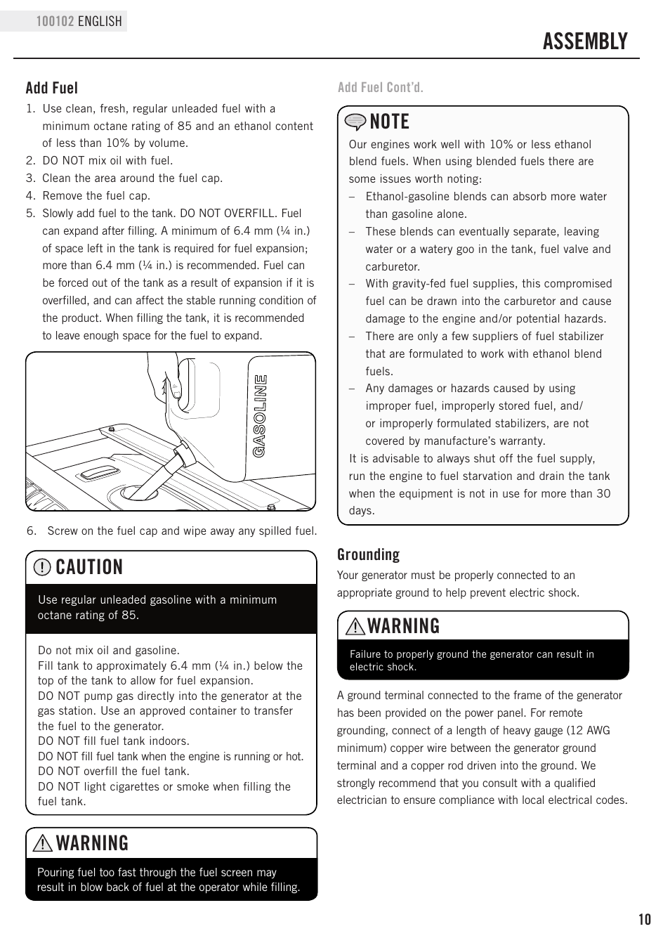 Assembly, Warning, Caution | Grounding, Add fuel | Champion Power Equipment 100102 User Manual | Page 13 / 30