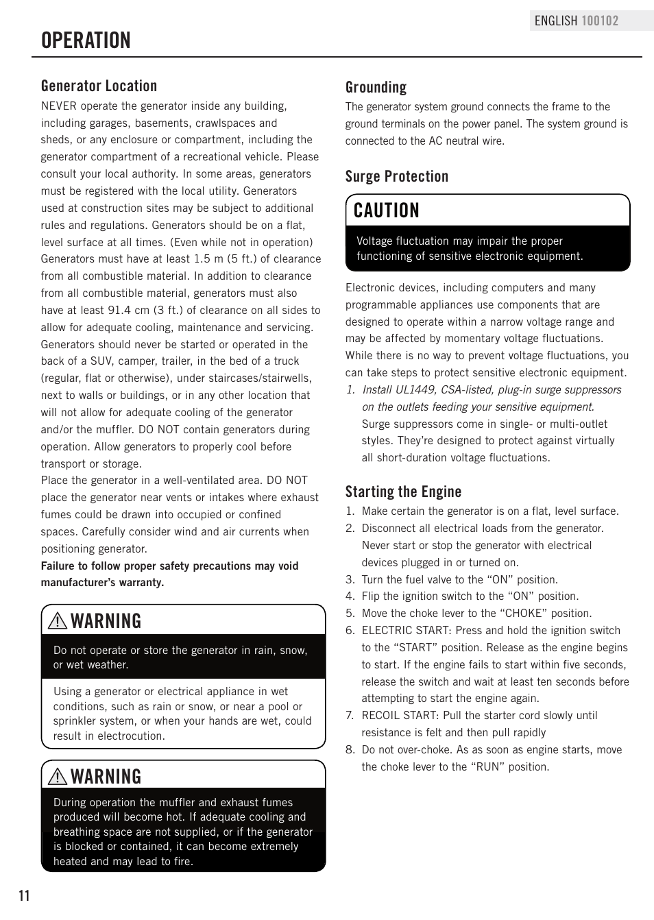 Operation, Caution, Warning | Starting the engine, Surge protection, Generator location, Grounding | Champion Power Equipment 100102 User Manual | Page 14 / 30