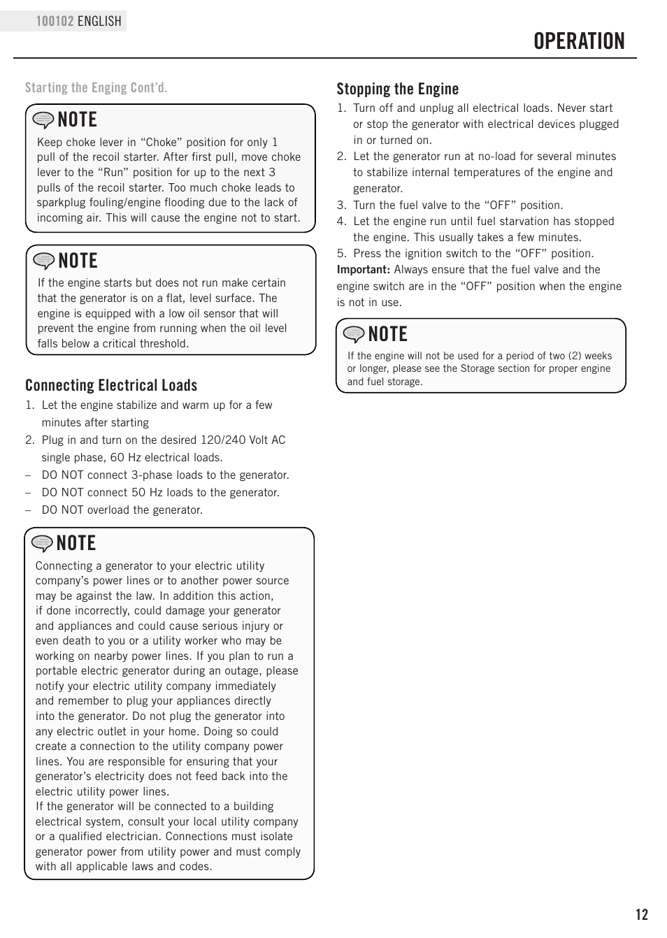 Operation, Connecting electrical loads, Stopping the engine | Champion Power Equipment 100102 User Manual | Page 15 / 30