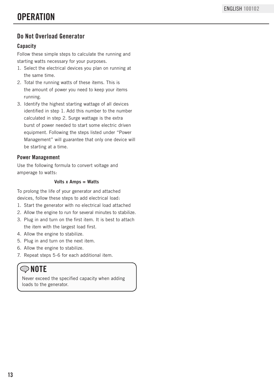 Operation, Do not overload generator | Champion Power Equipment 100102 User Manual | Page 16 / 30