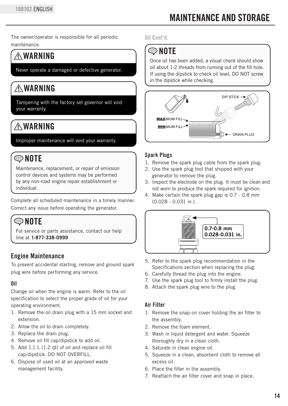 Maintenance and storage, Warning, Engine maintenance | Champion Power Equipment 100102 User Manual | Page 17 / 30