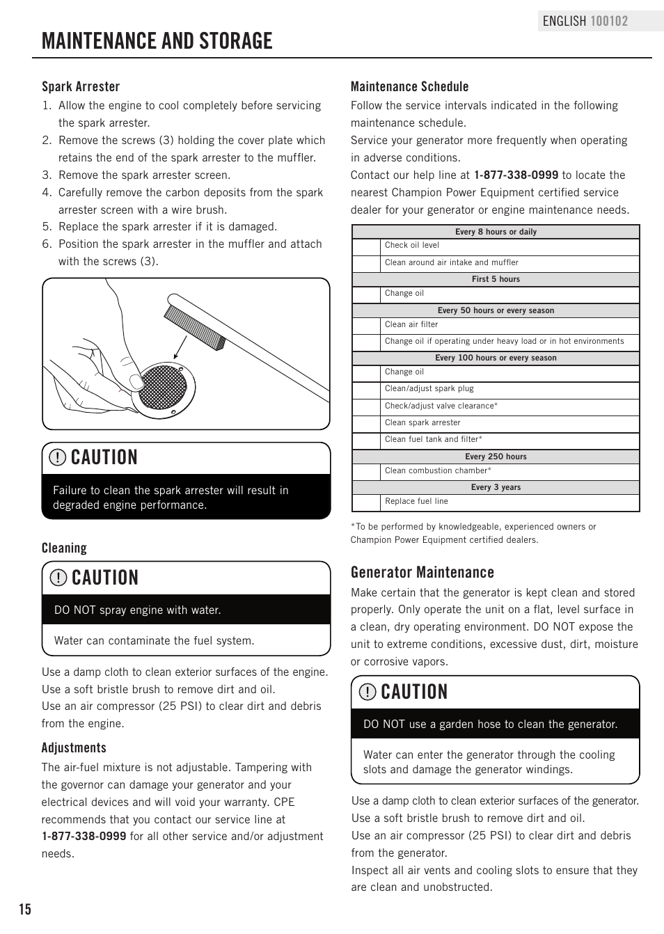 Maintenance and storage, Caution, Generator maintenance | Champion Power Equipment 100102 User Manual | Page 18 / 30