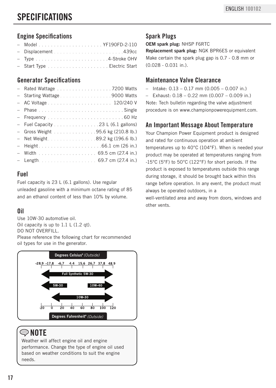 Specifications, Fuel, Generator specifications | Engine specifications, Maintenance valve clearance, Spark plugs, An important message about temperature | Champion Power Equipment 100102 User Manual | Page 20 / 30