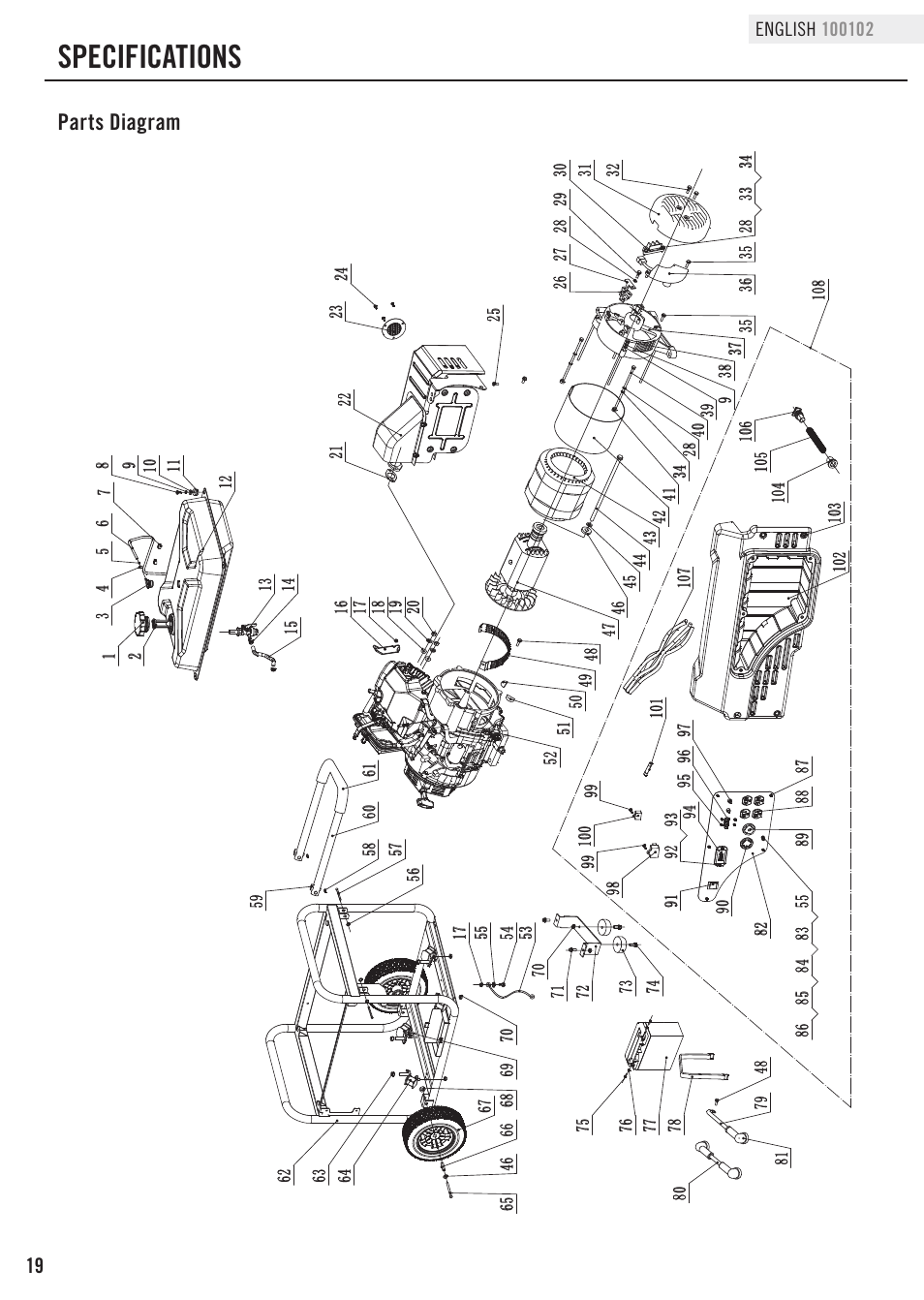 Specifications, Parts diagram | Champion Power Equipment 100102 User Manual | Page 22 / 30