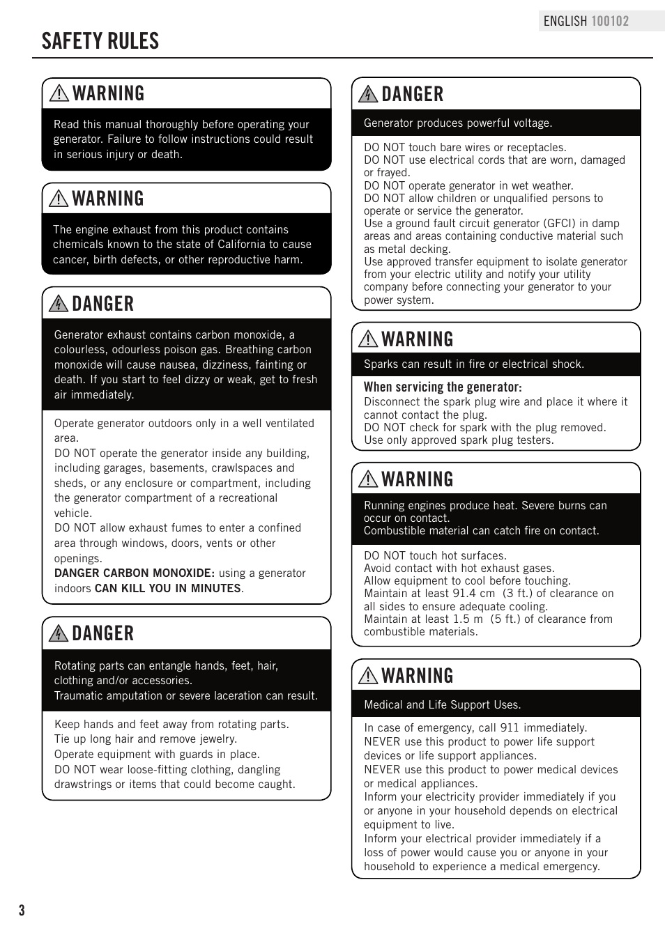 Safety rules, Danger, Warning | Champion Power Equipment 100102 User Manual | Page 6 / 30