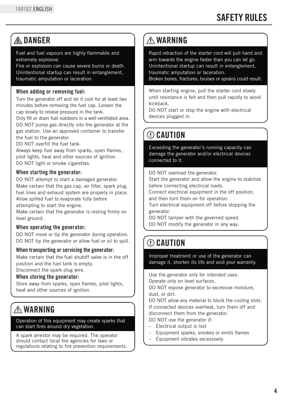 Safety rules, Caution, Warning | Danger | Champion Power Equipment 100102 User Manual | Page 7 / 30