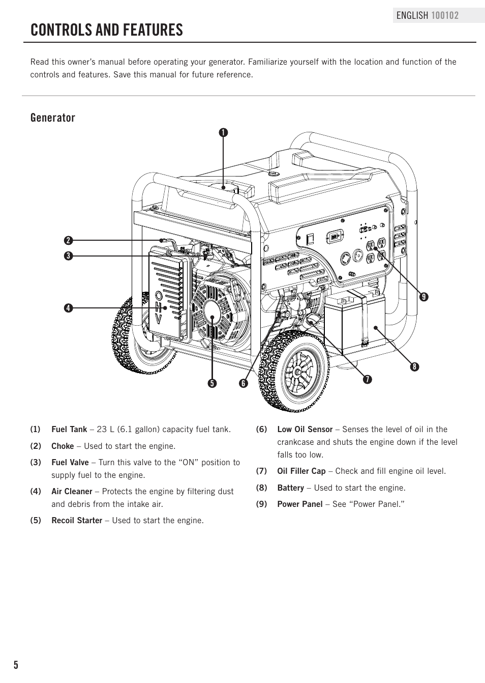 Controls and features, Generator | Champion Power Equipment 100102 User Manual | Page 8 / 30