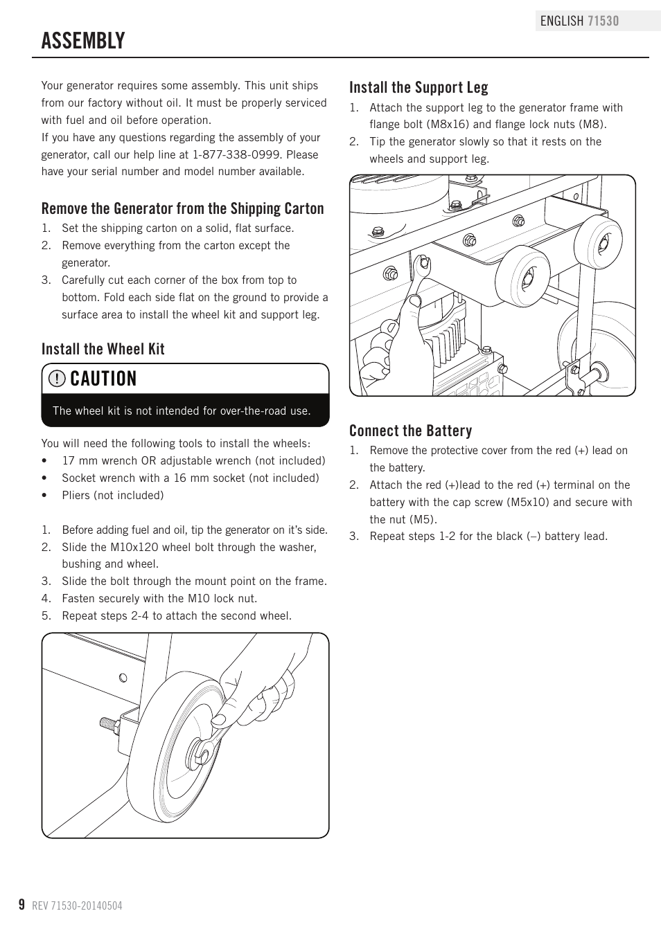 Assembly, Caution, Remove the generator from the shipping carton | Install the wheel kit, Install the support leg, Connect the battery | Champion Power Equipment 71530 User Manual | Page 12 / 33