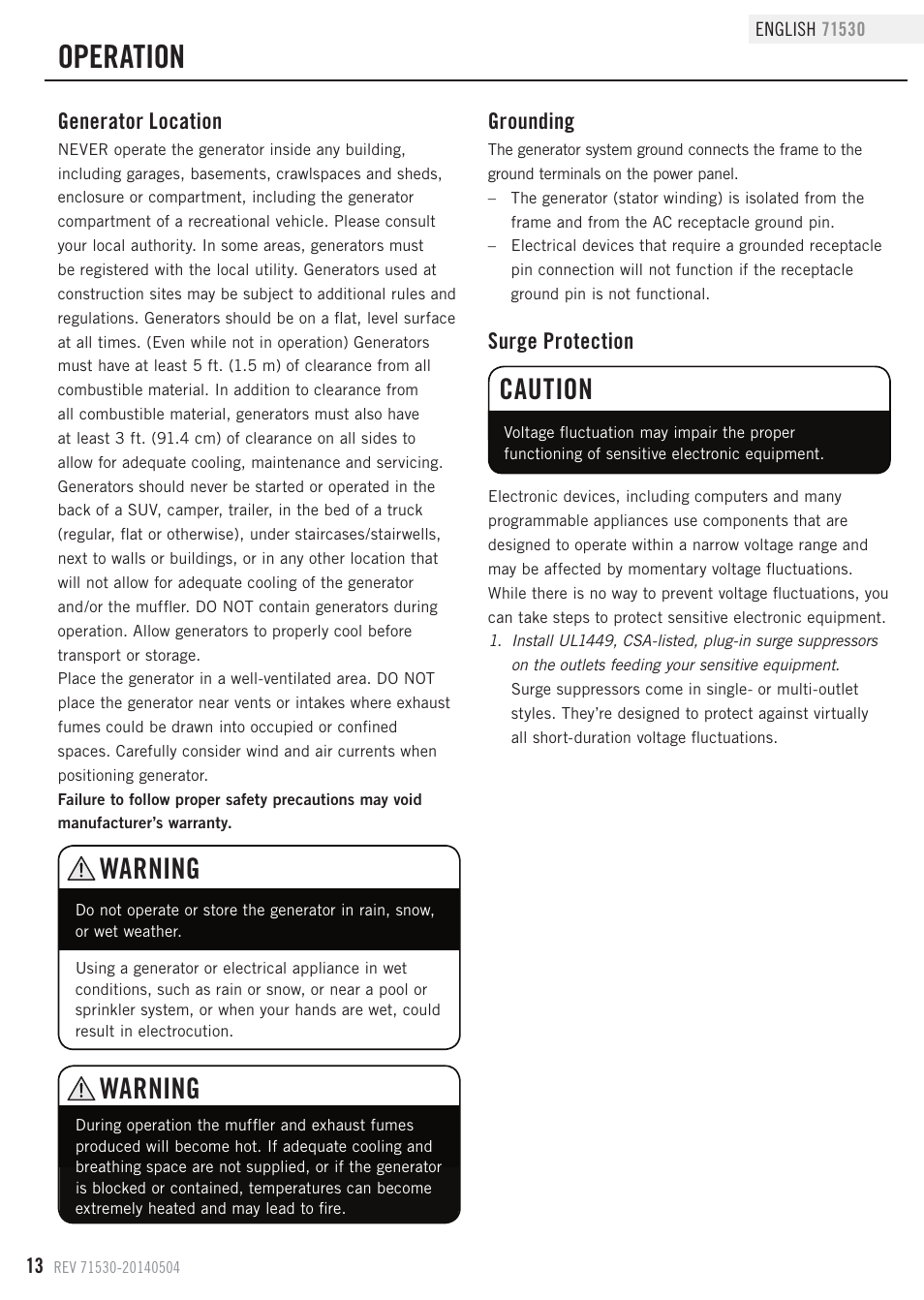 Operation, Warning, Caution | Generator location, Surge protection, Grounding | Champion Power Equipment 71530 User Manual | Page 16 / 33