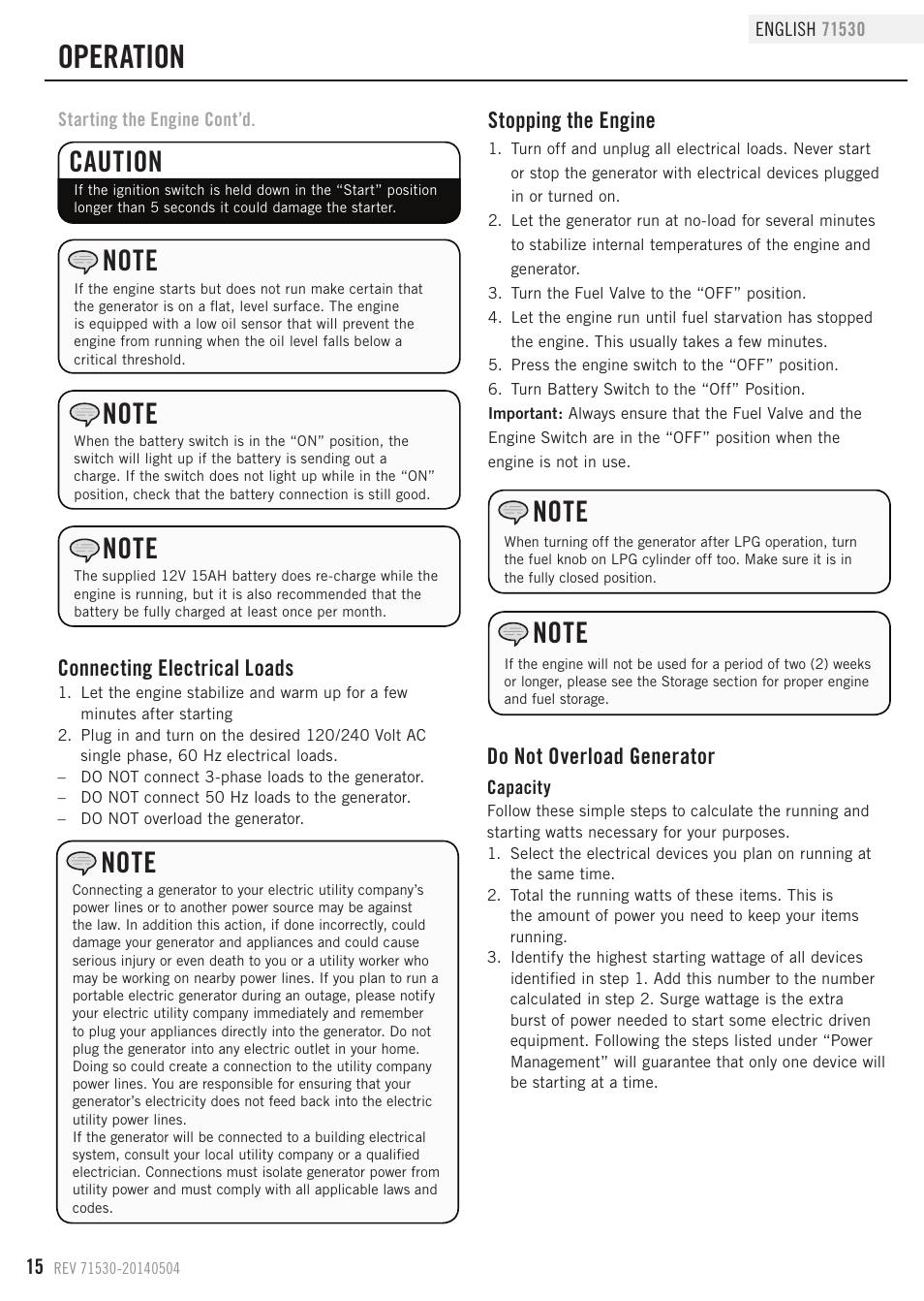 Operation, Caution, Connecting electrical loads | Stopping the engine, Do not overload generator | Champion Power Equipment 71530 User Manual | Page 18 / 33