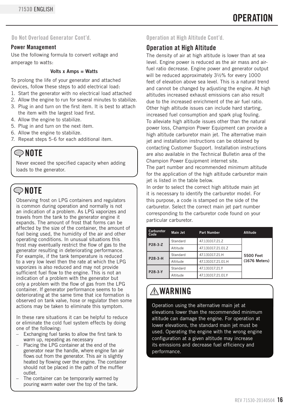 Operation, Warning, Operation at high altitude | Champion Power Equipment 71530 User Manual | Page 19 / 33