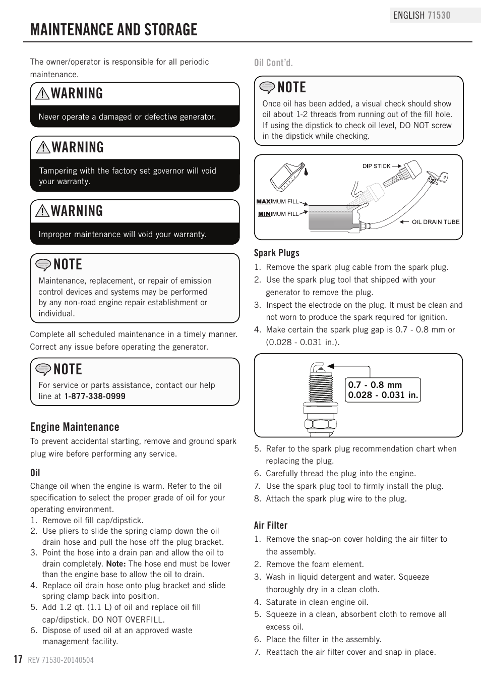 Maintenance and storage, Warning, Engine maintenance | Champion Power Equipment 71530 User Manual | Page 20 / 33