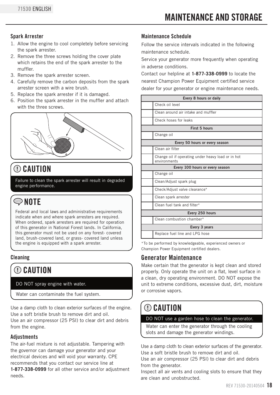 Maintenance and storage, Caution, Generator maintenance | Champion Power Equipment 71530 User Manual | Page 21 / 33